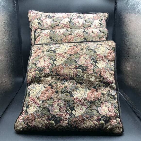 Set of 3 Needlepoint Petit Point Floral Throw Sofa Pillows Black Velvet Backing - Picture 1 of 15